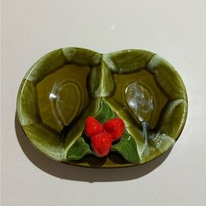 Vintage California Pottery Green‎ Divided Strawberry Serving Dish #892